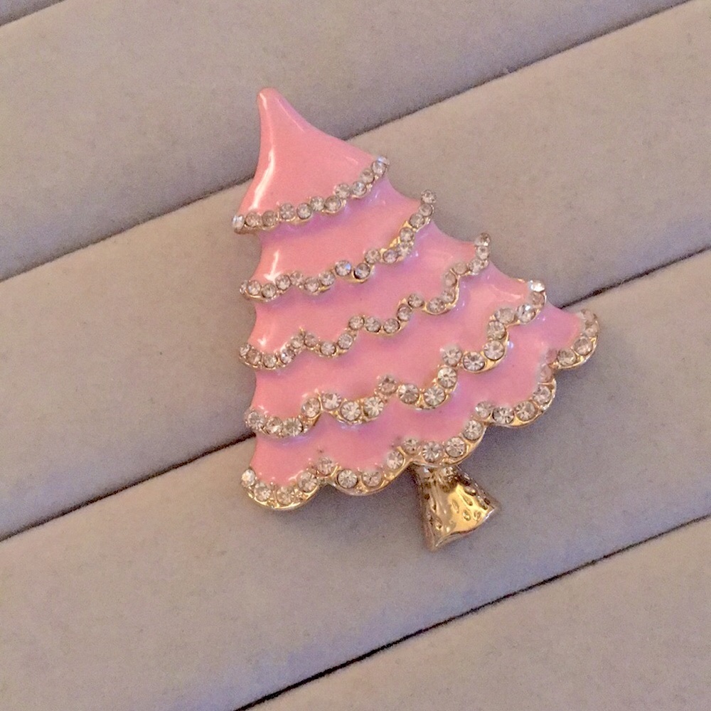Pink + Gold Crystal Christmas Tree Brooch - Picture 5 of 6